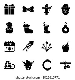 Solid vector icon set - gift vector, bow, santa claus, christmas sock, ball, calendar, firework rocket, champagne, sleigh, deer hat, cent, opening