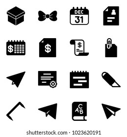 Solid vector icon set - gift vector, bow, 31 dec calendar, patient card, finance, account statement, history, attachment, paper plane, certificate, terms plan, work knife, staple, abc book