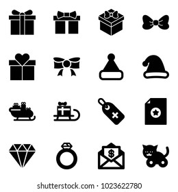 Solid vector icon set - gift vector, bow, christmas hat, santa sleigh, medical label, certificate, diamond, ring, mail dollar, toy cat