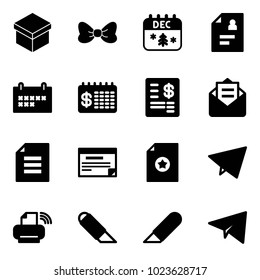 Solid vector icon set - gift vector, bow, christmas calendar, patient card, schedule, finance, account statement, opened mail, document, certificate, paper fly, printer wireless, work knife, plane