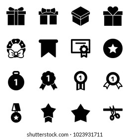 Solid vector icon set - gift vector, christmas wreath, flag, certificate, star medal, gold, opening