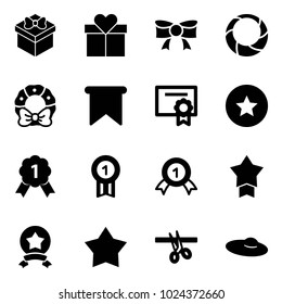 Solid vector icon set - gift vector, bow, christmas wreath, flag, certificate, star medal, gold, opening, woman hat