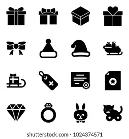 Solid vector icon set - gift vector, bow, christmas hat, santa sleigh, medical label, certificate, diamond, ring, toy rabbit, cat