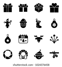 Solid vector icon set - gift vector, santa claus, christmas sock, ball, calendar, deer, firework, wreath, elf, opening