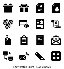 Solid vector icon set - gift vector, patient card, diet list, big cash, calendar, account statement, history, attachment, clipboard, document, mail dollar, data exchange, wireless, work knife