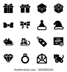 Solid vector icon set - gift vector, bow, christmas hat, santa sleigh, medical label, certificate, diamond, ring, mail dollar, toy cat