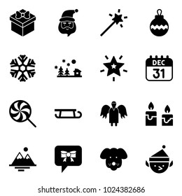 Solid vector icon set - gift vector, santa claus, Magic wand, christmas ball, snowflake, landscape, star, 31 dec calendar, lollipop, sleigh, angel, candle, mountains, bow message, dog, elf