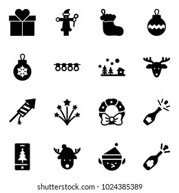 Solid vector icon set - gift vector, santa claus, christmas sock, ball, garland, landscape, deer, firework rocket, wreath, champagne, mobile, hat, elf, fizz opening