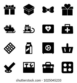 Solid vector icon set - gift vector, bow, santa sleigh, first aid kit, doctor bag, pills blister, milk, safe, basket, check, tool box, cube hole toy