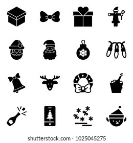 Solid vector icon set - gift vector, bow, santa claus, christmas ball, garland, bell, deer, wreath, champagne, mobile, sale, elf