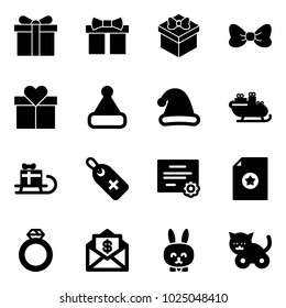 Solid vector icon set - gift vector, bow, christmas hat, santa sleigh, medical label, certificate, diamond ring, mail dollar, toy rabbit, cat