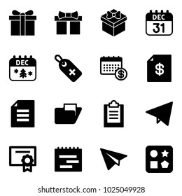 Solid vector icon set - gift vector, 31 dec calendar, christmas, medical label, account statement, document, folder, clipboard, paper fly, certificate, terms plan, plane, cube hole toy