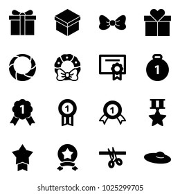 Solid vector icon set - gift vector, bow, christmas wreath, certificate, gold medal, star, opening, woman hat