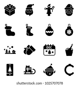 Solid vector icon set - gift vector, santa claus, christmas sock, ball, landscape, gloves, calendar, champagne, mobile, sleigh, elf, cent