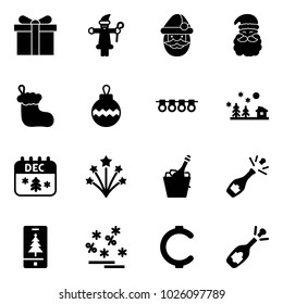 Solid vector icon set - gift vector, santa claus, christmas sock, ball, garland, landscape, calendar, firework, champagne, mobile, sale, cent, fizz opening