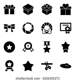 Solid vector icon set - gift vector, bow, christmas wreath, certificate, star medal, gold, opening, woman hat
