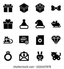 Solid vector icon set - gift vector, bow, christmas hat, santa sleigh, certificate, diamond, ring, mail dollar, toy rabbit, cat