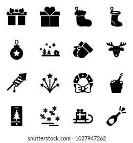 Solid vector icon set - gift vector, christmas sock, ball, landscape, gloves, deer, firework rocket, wreath, champagne, mobile, sale, sleigh, fizz opening