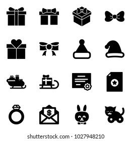 Solid vector icon set - gift vector, bow, christmas hat, santa sleigh, certificate, diamond ring, mail dollar, toy rabbit, cat