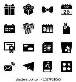 Solid vector icon set - gift vector, bow, 25 dec calendar, schedule, big cash, finance, attachment, certificate, envelope, list, garbage, wireless mail, paper plane, abc book, cube hole toy