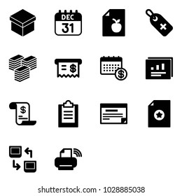 Solid vector icon set - gift vector, 31 dec calendar, diet list, medical label, big cash, receipt, statistics report, account history, clipboard, schedule, certificate, data exchange