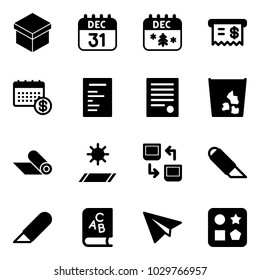 Solid vector icon set - gift vector, 31 dec calendar, christmas, receipt, document, agreement, garbage, mat, data exchange, work knife, abc book, paper plane, cube hole toy