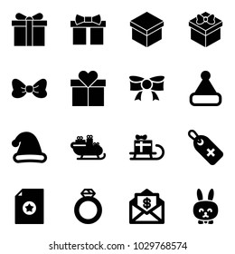 Solid vector icon set - gift vector, bow, christmas hat, santa sleigh, medical label, certificate, diamond ring, mail dollar, toy rabbit