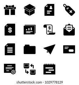 Solid vector icon set - gift vector, patient card, medical label, account statement, statistics report, history, opened mail, document, folder, paper plane, envelope, certificate, data exchange