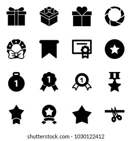 Solid vector icon set - gift vector, christmas wreath, flag, certificate, star medal, gold, opening