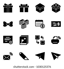 Solid vector icon set - gift vector, bow, big cash, calendar, check, certificate, photo, data exchange, printer wireless, mail, work knife, paper plane