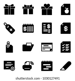 Solid vector icon set - gift vector, diet list, medical label, finance calendar, account statement, attachment, folder, schedule, certificate, printer wireless, terms plan, work knife