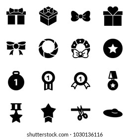 Solid vector icon set - gift vector, bow, christmas wreath, star medal, gold, opening, woman hat