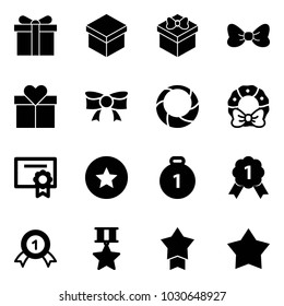 Solid vector icon set - gift vector, bow, christmas wreath, certificate, star medal, gold