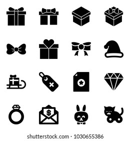 Solid vector icon set - gift vector, bow, christmas hat, sleigh, medical label, certificate, diamond, ring, mail dollar, toy rabbit, cat