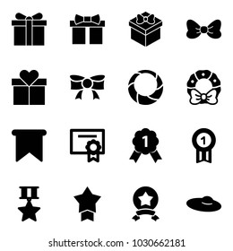 Solid vector icon set - gift vector, bow, christmas wreath, flag, certificate, gold medal, star, woman hat