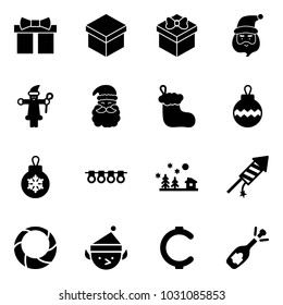 Solid vector icon set - gift vector, santa claus, christmas sock, ball, garland, landscape, firework rocket, wreath, elf, cent, fizz opening