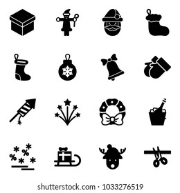 Solid vector icon set - gift vector, santa claus, christmas sock, ball, bell, gloves, firework rocket, wreath, champagne, sale, sleigh, deer hat, opening