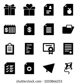 Solid vector icon set - gift vector, patient card, diet list, finance calendar, account statement, document, folder, clipboard, certificate, agreement, paper fly, kite