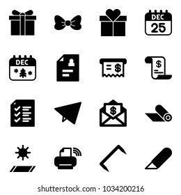 Solid vector icon set - gift vector, bow, 25 dec calendar, christmas, patient card, receipt, account history, list, paper fly, mail dollar, mat, printer wireless, staple, work knife