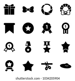 Solid vector icon set - gift vector, bow, christmas wreath, flag, star medal, gold, opening, woman hat