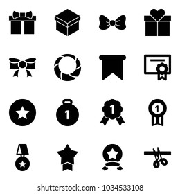 Solid vector icon set - gift vector, bow, christmas wreath, flag, certificate, star medal, gold, opening
