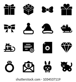 Solid vector icon set - gift vector, bow, christmas hat, santa sleigh, certificate, diamond, ring, mail dollar, toy rabbit, cat