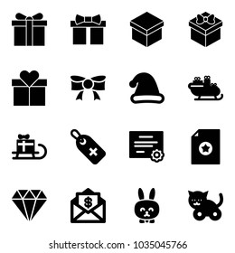Solid vector icon set - gift vector, bow, christmas hat, santa sleigh, medical label, certificate, diamond, mail dollar, toy rabbit, cat