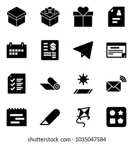 Solid vector icon set - gift vector, patient card, schedule, account statement, paper fly, list, mat, wireless mail, terms plan, work knife, kite, cube hole toy