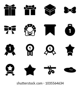 Solid vector icon set - gift vector, bow, christmas wreath, flag, gold medal, star, opening, woman hat