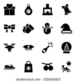 Solid vector icon set - gift vector, christmas ball, fireplace, bell, bow, gloves, snowman, hat, deer, candy, champagne, snowball tree, snowmobile, shop bag snowflake, rowanberry, beach