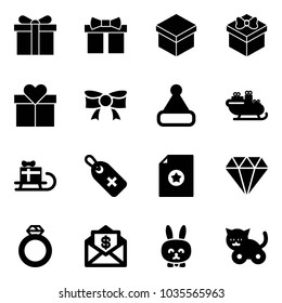 Solid vector icon set - gift vector, bow, christmas hat, santa sleigh, medical label, certificate, diamond, ring, mail dollar, toy rabbit, cat