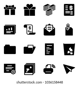 Solid vector icon set - gift vector, big cash, account statement, statistics report, history, opened mail, attachment, folder, document, garbage, certificate, photo, printer wireless, paper plane