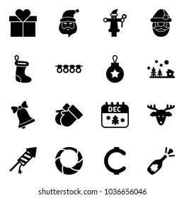 Solid vector icon set - gift vector, santa claus, christmas sock, garland, ball, landscape, bell, gloves, calendar, deer, firework rocket, wreath, cent, fizz opening