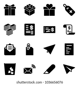 Solid vector icon set - gift vector, medical label, big cash, account statement, check, history, opened mail, attachment, paper plane, document, garbage, wireless, work knife